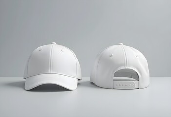 Minimalist White Baseball Caps Front and Back View on Light Gray Background