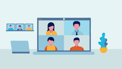 Laptop screen showing a video conference with four participants and a plant on the right side