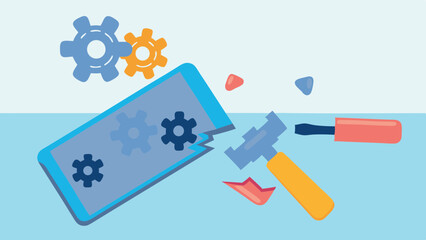 Illustration showing a broken smartphone with gears, hammer, and screwdriver scattered around it