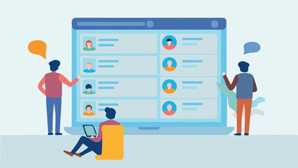 People interacting with a large computer screen displaying user profiles and communication bubbles