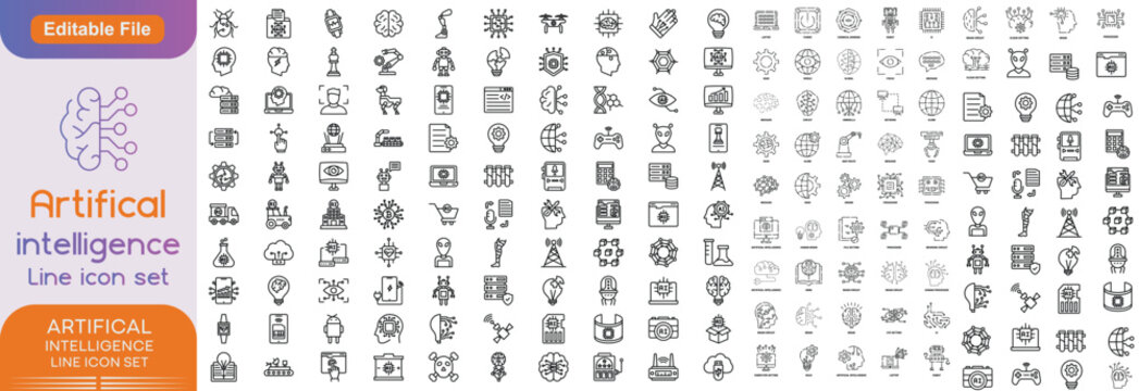 Artificial intelligence 500+ icon set. Vector graphics collection with machine learning, digital brain, ai and more. Two-colour icons easily adapt to your design.