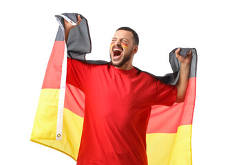 Screaming German sport fan with flag on white background