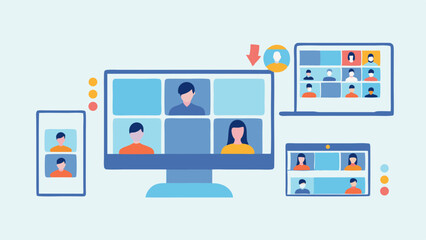 Illustration of a video conference call on multiple devices showing several participants online