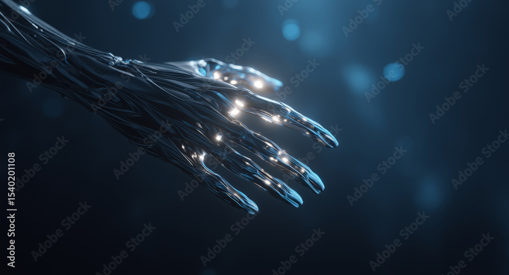 Poster futuristic hand made of liquid metal and adaptive alloys showcases advanced smart materials. the han