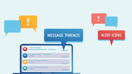 Illustration of a laptop displaying message threads with alert icons and speech bubbles around it
