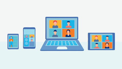 Devices showing video conference with laptop tablet and phone displaying participants on screen meeting online