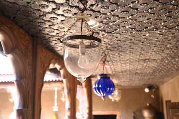 Glass lamp in temple. stone art. ancient architecture. old temple