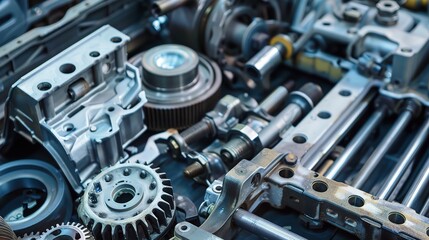 Close-up of diverse mechanical parts including gears, bearings, shafts, and bolts, crafted from steel and aluminum for industrial manufacturing, assembly, and maintenance