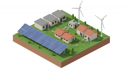 Sustainable Community with Solar Panels and Wind Turbines in 3D Isometric View