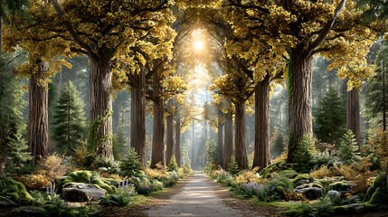 Fototapeta premium Autumn Equinox sunrise with golden forest Majestic forest path with sunlight and trees. Mindful person meditating in fall foliage Spiritual nature scene symbolizing balance and change