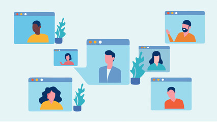 Illustration of a video conference call with multiple participants and plants in a light blue background