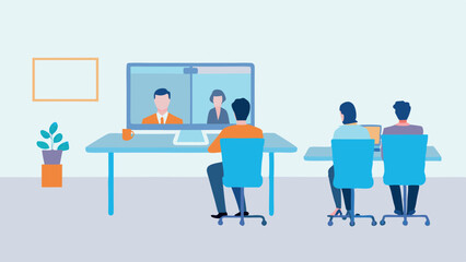 People attending a video conference in an office setting with a plant and a picture frame on the wall