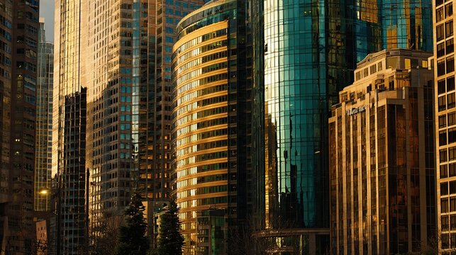 Skyscrapers gleam; golden light paints architectural details in an urban landscape