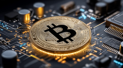 Bitcoin on a Circuit Board: A gleaming gold Bitcoin rests atop a complex circuit board, symbolizing the fusion of digital currency and modern technology.