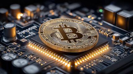 Bitcoin in Circuit: A close-up of a golden bitcoin coin placed strategically on a intricate circuit board, highlighting digital finance, electronic trading.