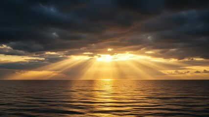 Dramatic sunset over ocean with crepuscular sun rays piercing through dark clouds - Powered by Adobe