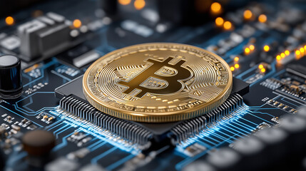 Bitcoin on Circuit Board: A gleaming Bitcoin coin rests majestically on a vibrant circuit board, symbolizing the fusion of digital currency and cutting-edge technology.