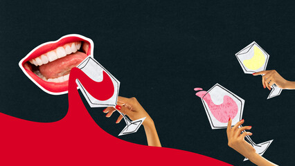 Graphic art composition combining oversized red lips and hands with glasses of red, pink, and yellow wine on dark textured background. Concept of bar and restaurant menu. Surreal aesthetic.