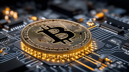Bitcoin on Circuit: A close-up showcasing a golden bitcoin resting atop a sophisticated computer circuit board, symbolizes digital currency's integration with cutting-edge technology.
