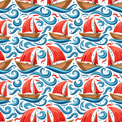 Boats on Waves Seamless Pattern, Nautical Ocean Doodle Design