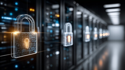 Data Protection & Security: The image captures data protection concept in a server room with symbolic lock
