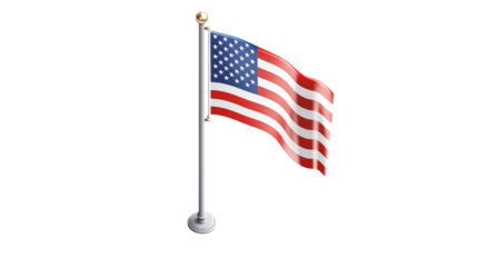 A waving American flag on a pole against a transparent background ideal for patriotic designs and presentations.