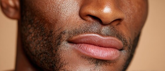 Obraz premium A close-up portrait of a Black man's lips and lower face with natural lighting, subtle stubble, and smooth skin tones on a neutral beige background