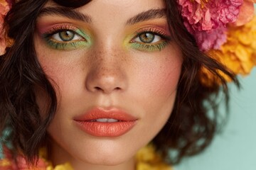 Naklejka premium Portrait of a woman wearing orange lipstick, bright rainbow eye makeup, and a colorful flower crown on curly dark hair