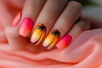 Obraz premium Tropical palm tree nails with pink orange ombré