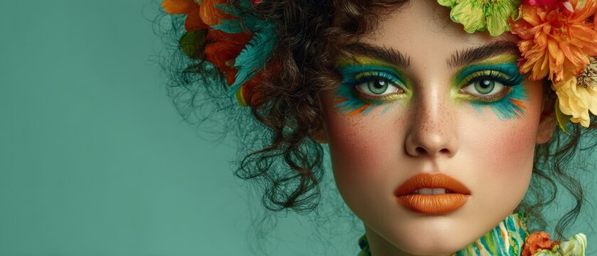 Colorful editorial portrait of a woman with dramatic green blue feathered eye makeup and orange lipstick, wearing floral headpiece