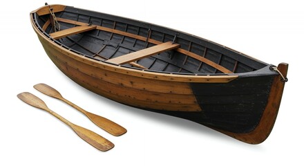 Traditional Irish Currach Boat Displayed on White Background with Oars