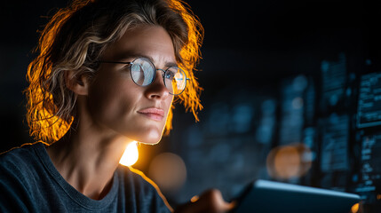 Coding the Future: A determined young programmer with glasses engrossed in her work, the glow of a monitor illuminating her face. A story of innovation and focus.
