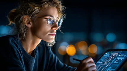 Focused Vision: A determined individual, illuminated by the soft glow of a tablet screen, engrossed in analyzing intricate data, the deep shadows accentuate her sharp focus.