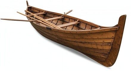 Traditional Wooden Rowboat with Oars Resting on White Background