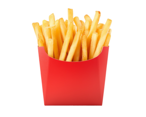 Golden french fries in a red container