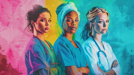 Obraz premium Empowered nurse portraits with colorful symbolic backgrounds