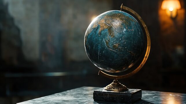 Antique world globe on stone table