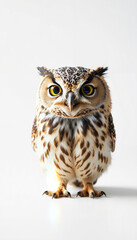 Obraz premium Owl standing on white surface with piercing yellow eyes 