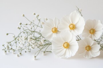 Obraz premium Delicate white flowers and greenery. Soft, muted light illuminates a bouquet of white cosmos and small, clustered white flowers arranged on a white background
