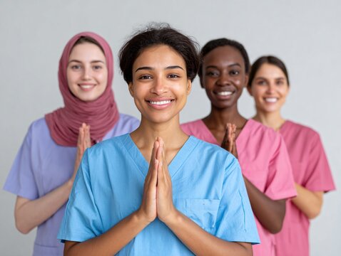 A group of medical professionals from diverse backgrounds smiles warmly, promoting healthcare