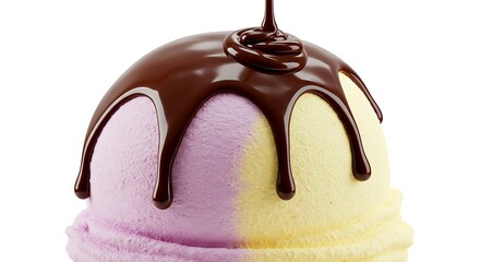 Close-up of a Double Scoop Ice Cream Cone with Chocolate Drizzle
