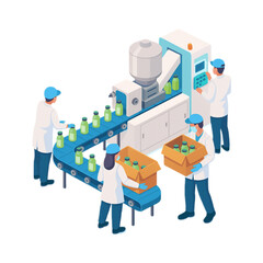Automated Bottling Plant Workers Efficiently Package Products on Conveyor Belt System