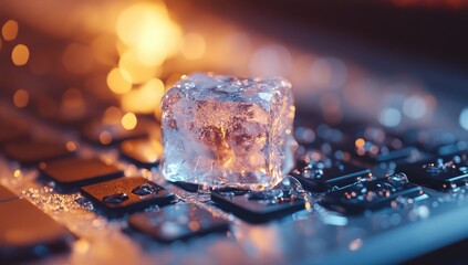 Ice cube on a wet laptop keyboard