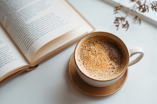Cup of coffee and open book on white table.Top view