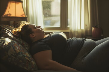 A woman curled up asleep on a couch with her head resting between two pillows, wearing grey sweatpants, in a dimly lit room with soft natural light and a small side table with books nearby.