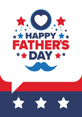 Happy Father’s Day. Honoring dads. Lovely celebration in June. Sweetest family holiday. Party event. Mustache and heart. Blue color. Creative art poster. Vector design