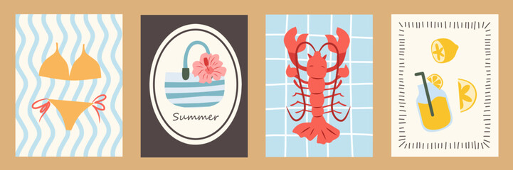 Set of abstract summer poster in sketch doodle style. Modern prints with hand drawn lemon, lobster, bikini, flower. Creative vacation, beach concept. Trendy flat design for cards, wall art, branding.