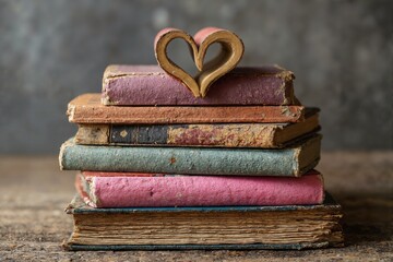 Stack of colorful old vintage books with heart-shaped decor