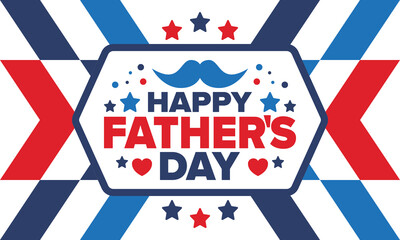 Obraz premium Happy Father’s Day. Honoring dads. Lovely celebration in June. Sweetest family holiday. Party event. Mustache and heart. Blue color. Creative art poster. Vector design