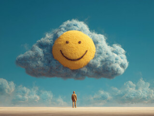 Bright cloud with a smiling face above a person in a surreal landscape